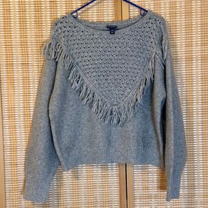 Scoop Womens Grey Fringe Crochet V-Panel Knit Sweater Boho Size L 12-14 Preppy